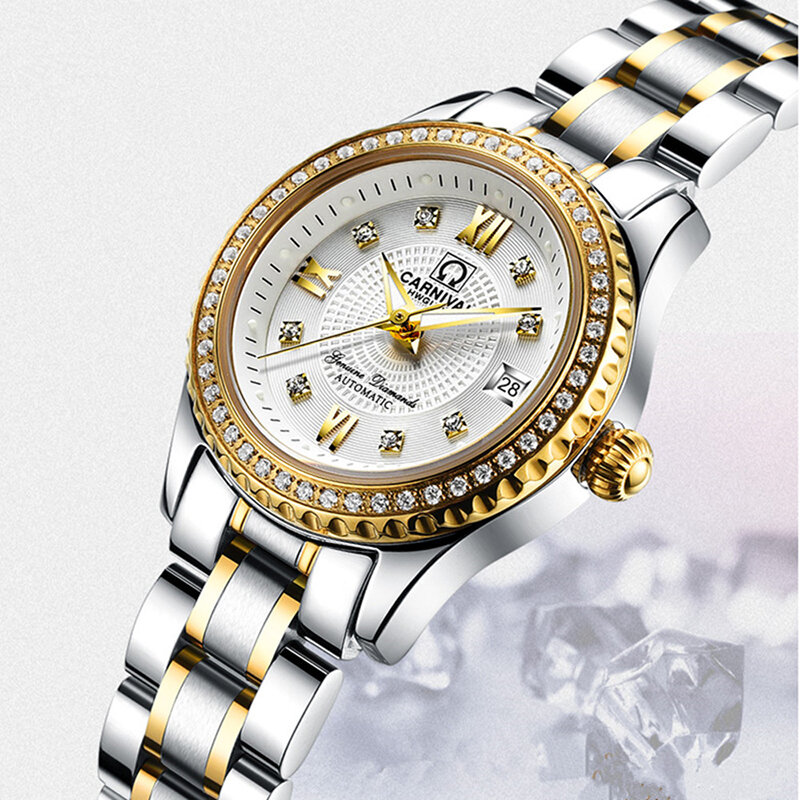 CARNIVAL ผู้หญิงนาฬิกาสแตนเลสสตีลสร้อยข้อมือสุภาพสตรีเพชรนาฬิกา Relogio Feminino 8629
