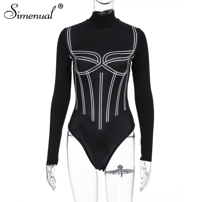 Simenual preto magro bodycon bodysuit feminino manga longa moda primavera 2020 uma peça macacão casual magro impresso bodysuit