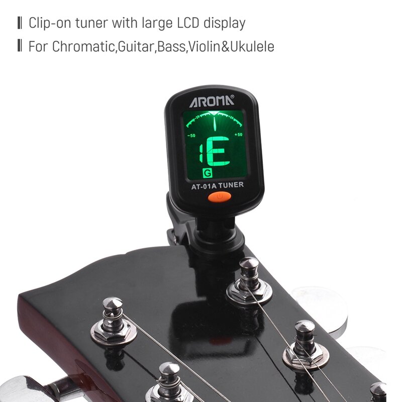 AROMA AT-01A Tuner gitarowy obrotowy Tuner Clip-on wyświetlacz LCD do chromatycznej akustycznej gitara basowa akcesoria gitarowe Ukulele