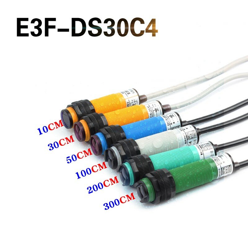 Interruptores de Sensor fotoeléctrico de reflexión difusa M18, E3F-DS30C4, NPN, PNP, NO NC, AC, DC, 5cm a 300cm, detección de proximidad