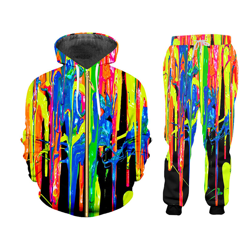 Мужской спортивный костюм с капюшоном и штанами UJWI, яркие радужные толстовки на молнии с 3D принтом в стиле Харадзюку, для зимы, унисекс