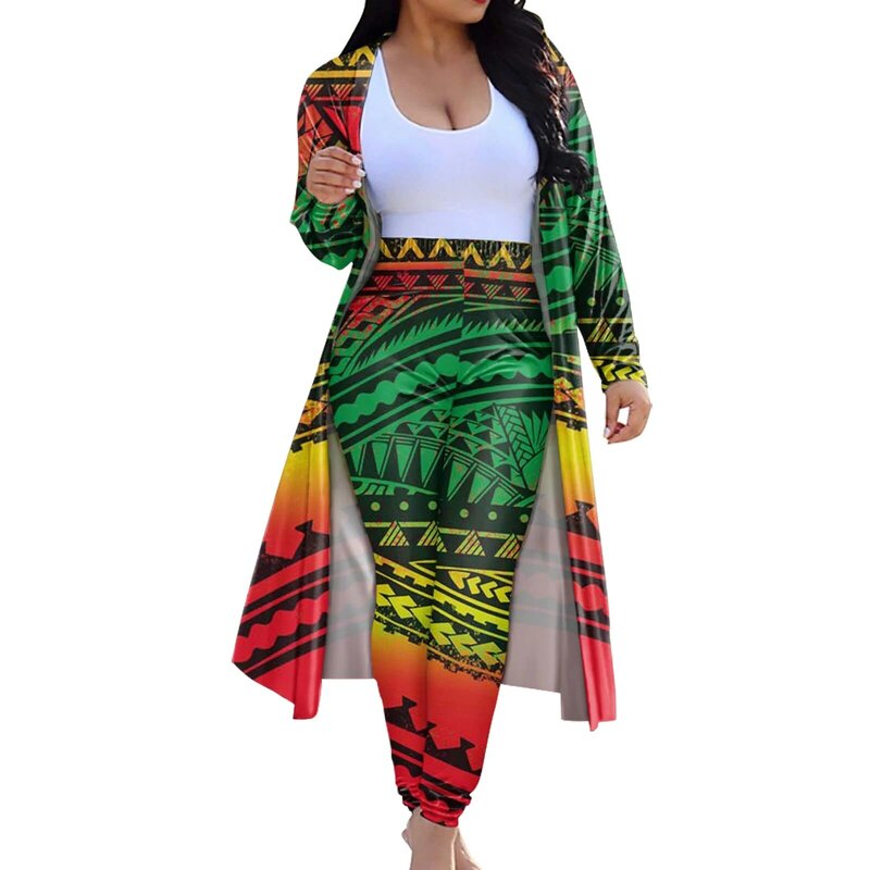 HYCOOL Celana Set 2 Potong Pola Tato Polinesia Samoa Gradien Pakaian Luar Kardigan Panjang Wanita untuk Wanita Mantel Jaket Depan Terbuka