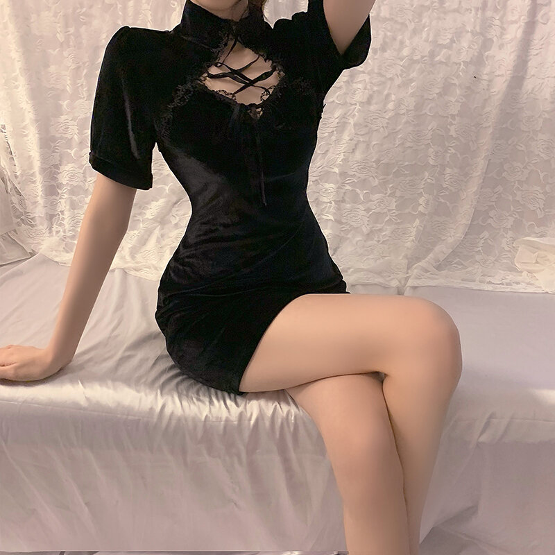 Lingeries odzież dziewczęca w stylu Retro z krótkim rękawem Hem Split Punk aksamitna chińska seksowna spódnica Cheongsam wysoka wyszczuplająca talia sukienka