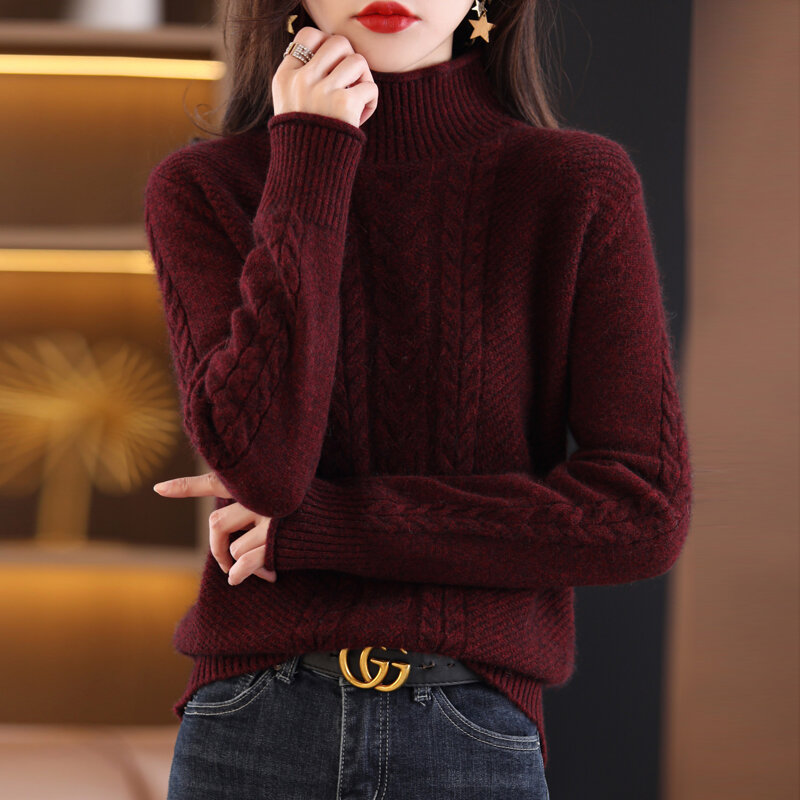 Женский вязаный свитер, пуловер свободного покроя из 100%-ной шерсти с воротником средней длины, в Корейском стиле, Осень-зима