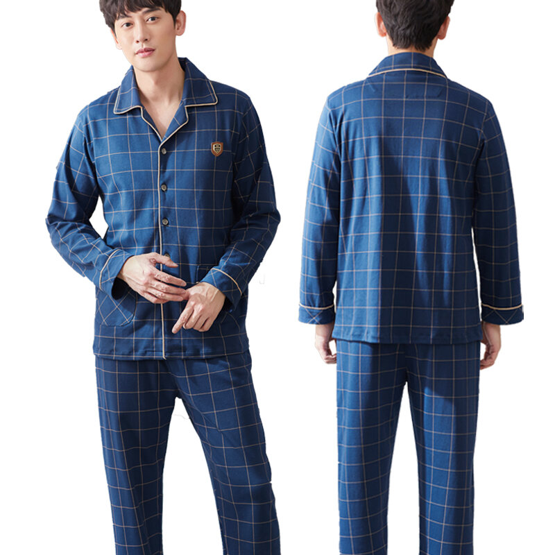 Conjunto de pijama de algodón para Hombre, ropa de dormir de salón, a cuadros grises, para Invierno, 2023
