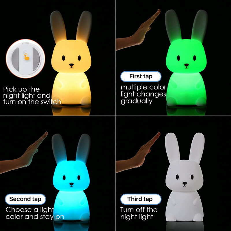 Rabbit Night Light para o quarto das crianças, Lâmpada Kawaii, Decoração do berçário, Presentes para meninos e meninas, USB, Silicone, Bonito, Kawaii