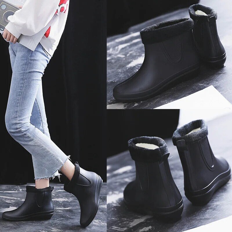 Sapatos impermeáveis femininos de pvc, bota de borracha quente e casual para o inverno, sapatos para dia e chuva, 2021