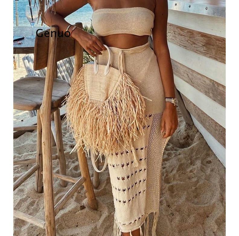 Abiti lunghi all'uncinetto per donna 2 pezzi Crop Top Side Split Skirt Set abiti da spiaggia abito lungo
