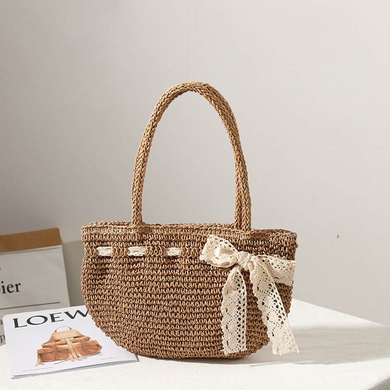 Bowknot Woven Bag Female 2021 New Shoulder Portable Hand-Woven Straw Bag Seaside Vacation Beach Bag Tide