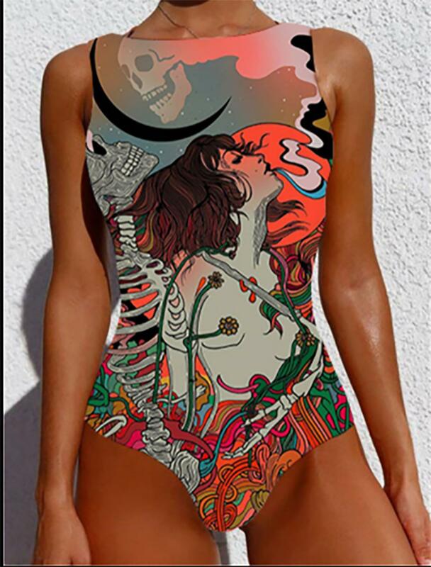 Monokini One-piece Swimsuit Women Printed Patchwork Belt Bow 2021 Summer O-neck Sexy Beach Bathing Suit Ladies Swimwear