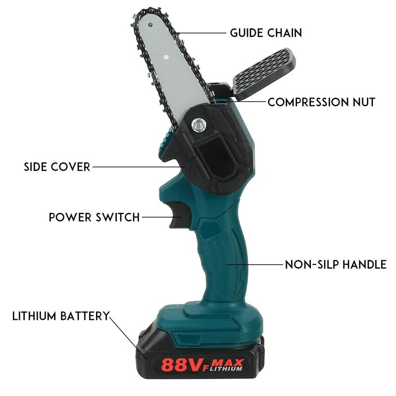4 Inch 88V Mini Electric ChainSaw With Rechargeable Battery Woodworking Pruning Garden Power Tool For Makita 18V Battery EU Plug