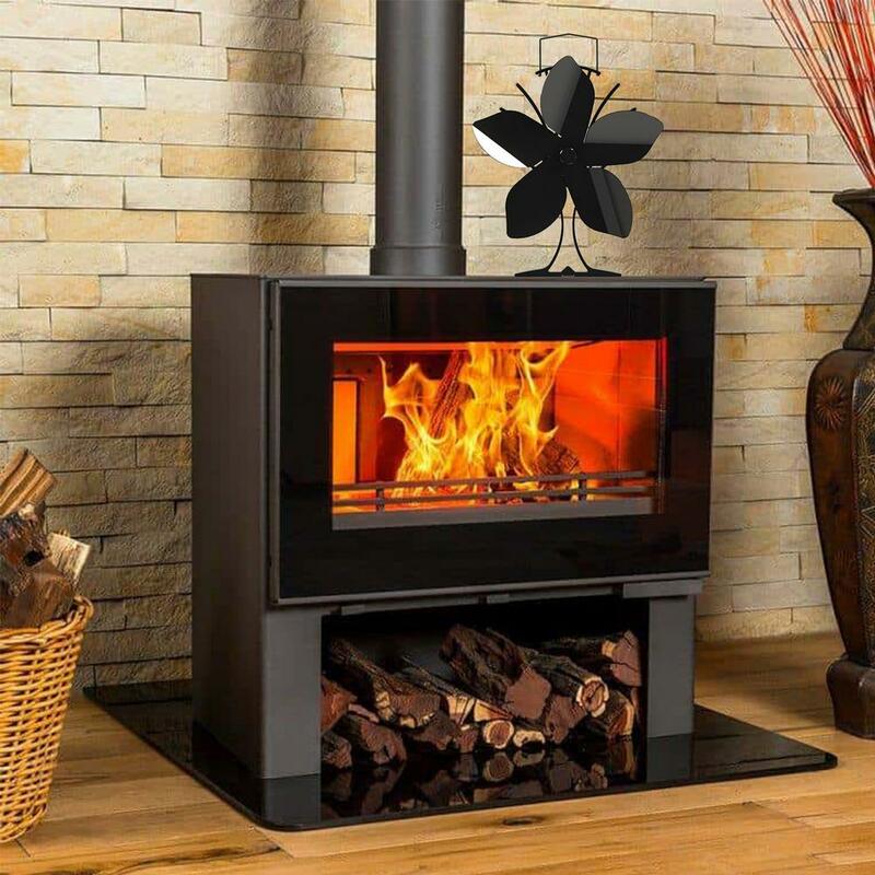 Ventilador de chimenea alimentado por calor de 5 hélices que ahorra combustible de manera eficiente para el hogar, estufas de quemador de madera de troncos de Gas, negro