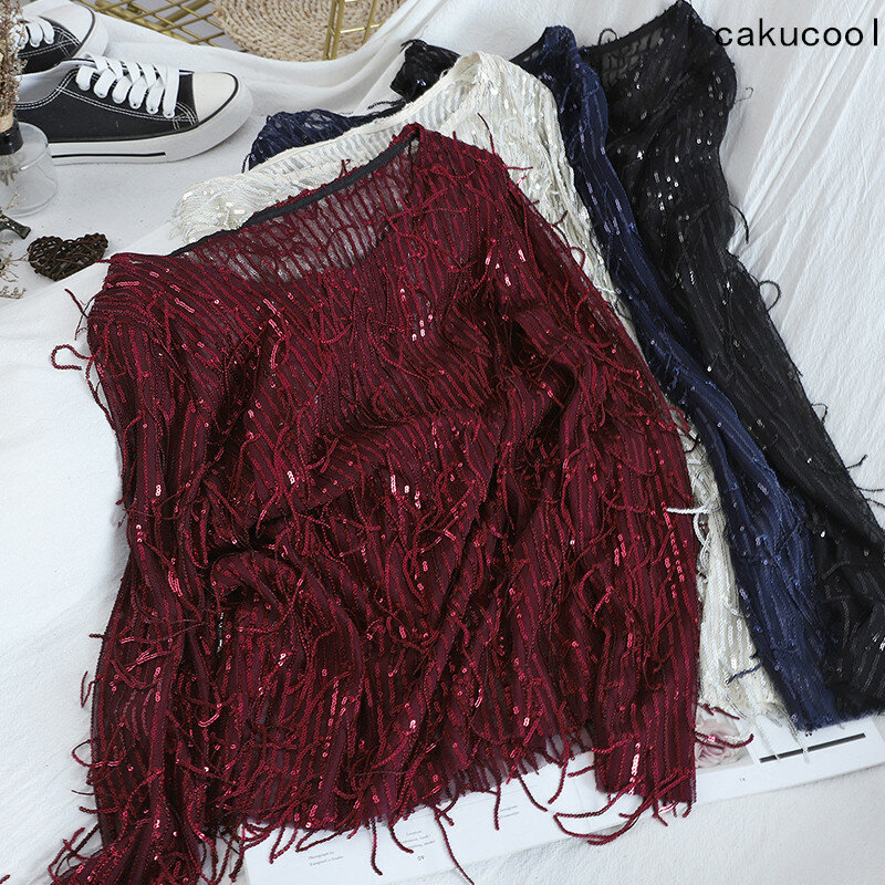 Cakucool-여성 스팽글 태슬 시폰 블라우스, 긴 소매 라운드넥 섹시한 봄 셔츠, 클럽 파티 블링 블라우스 셔츠, 풀탑 레이디