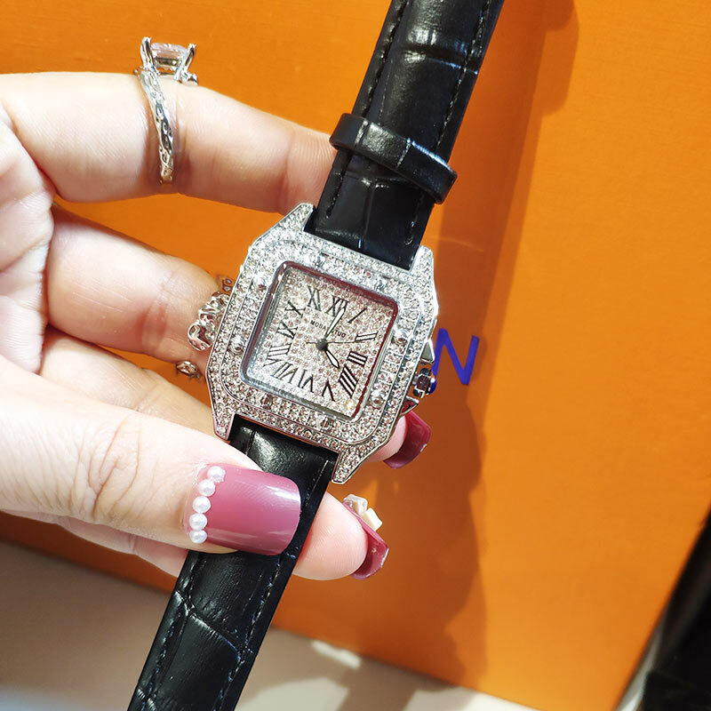 Marca superior relógio de luxo feminino quartzo à prova dfully água totalmente diamante senhoras relógio quadrado prata casal relógios com strass