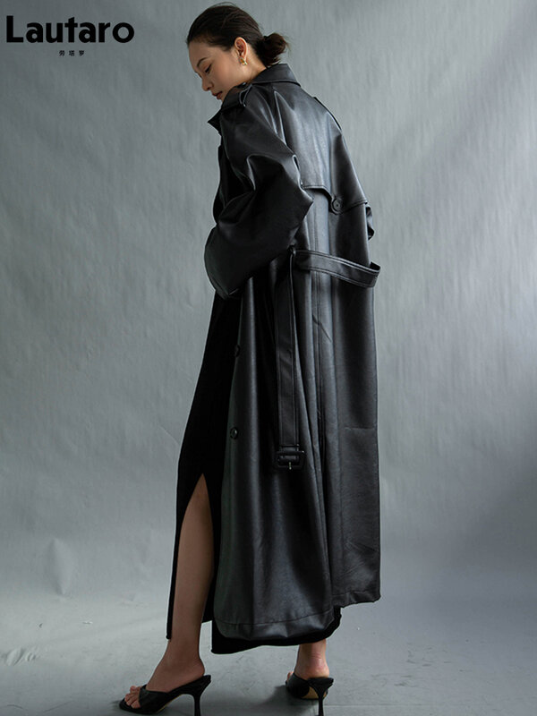 Lautaro-gabardina extralarga de piel sintética para mujer, abrigo holgado de manga larga con cinturón y doble botonadura, color negro, a la moda, Otoño, 2021