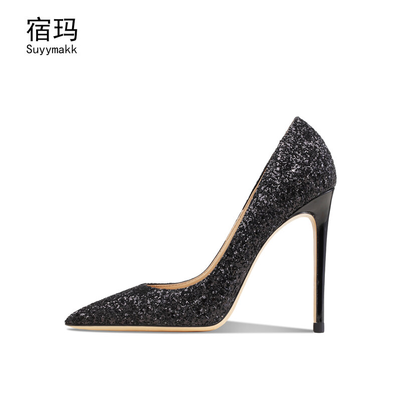 2022 primavera nero Glitter tacchi alti décolleté a spillo scarpe da sposa scarpe da donna scarpe a punta tacco sottile scarpe in vera pelle