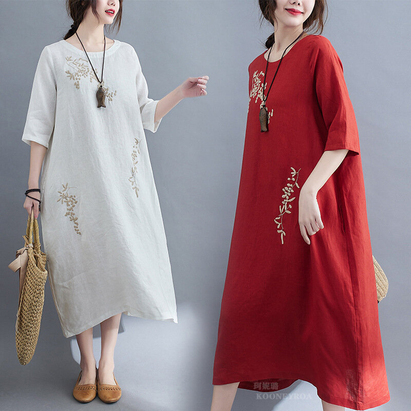 Chinese Traditional Dress Women Cotton Linen Thin Retro Short Sleeve Floral Embroidery Long Robes Loose Tang Suits Cheongsam