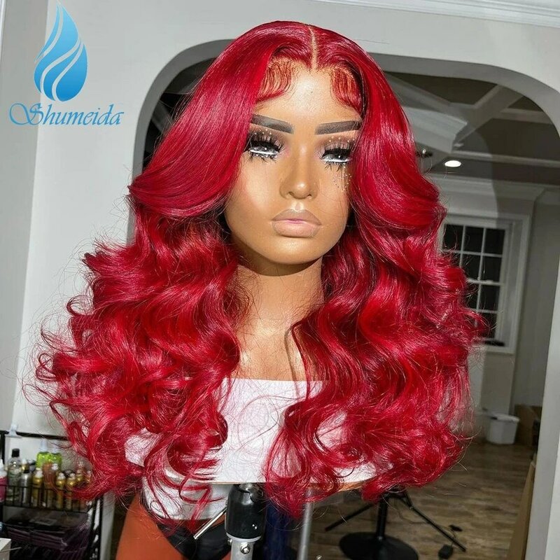 Shumeida 붉은 색 13x4 레이스 프런트 가발 브라질 레미 인간의 머리 Glueless 가발 아기 머리 표백 매듭 Pre Plucked For Women