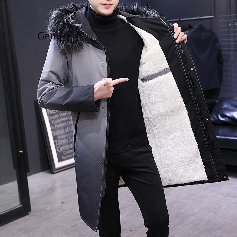 Мужская приталенная куртка с капюшоном, длинная кашемировая парка с градиентным переходом цвета, хлопковая куртка в Корейском стиле, зима