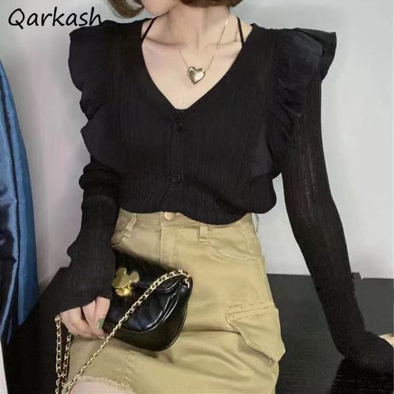 Koszule damskie Streetwear V-neck Leisure solidny koreański stylowy długi rękaw Ruffles Design kobieta gorąca sprzedaż elegancki pojedynczy Breasted