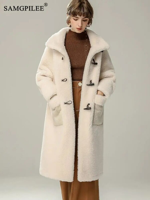 Jaqueta longa de shearling de ovelha feminina, casaco de pele real, casacos casuais de lã, estilo coreano, alta qualidade, inverno, novo, 2022