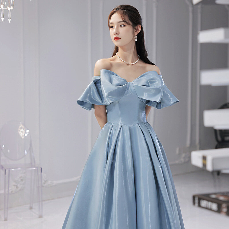 Suknie na imprezy urodzinowe w stylu koreańskim Off Shoulder bez ramiączek wdzięku suknia wieczorowa długość podłogi bez ramiączek z kokardą wyjściowe sukienki na studniówkę