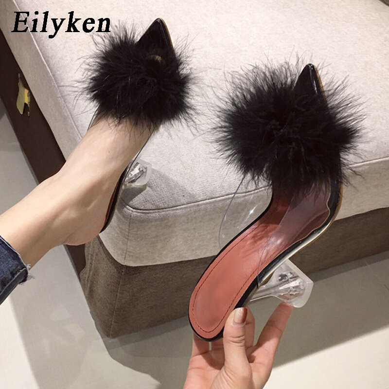 Eilyken-PVC perspex saltos altos de cristal para mulheres, mulas peep toe, chinelos para senhoras, sapatos de slides, penas transparentes, verão