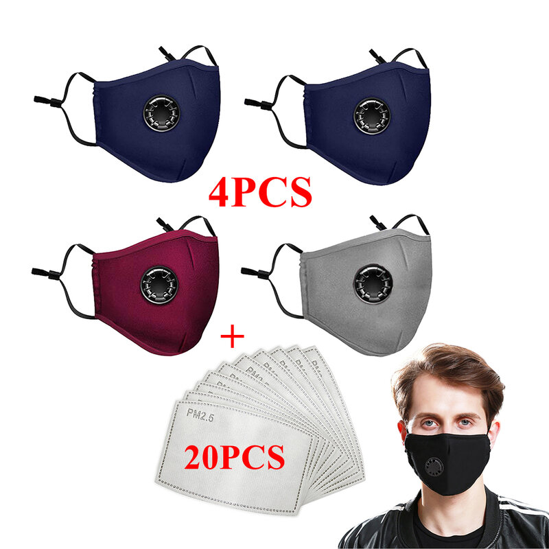 バルブと5層フィルター付きの再利用可能な綿マスク,洗えるフェイスマスク,pm2.5,4ユニット,20ユニット
