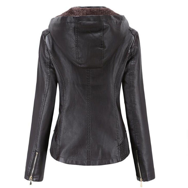 Jaqueta de couro feminina veludo quente, casaco curto com zíper vermelho preto motocicleta pu