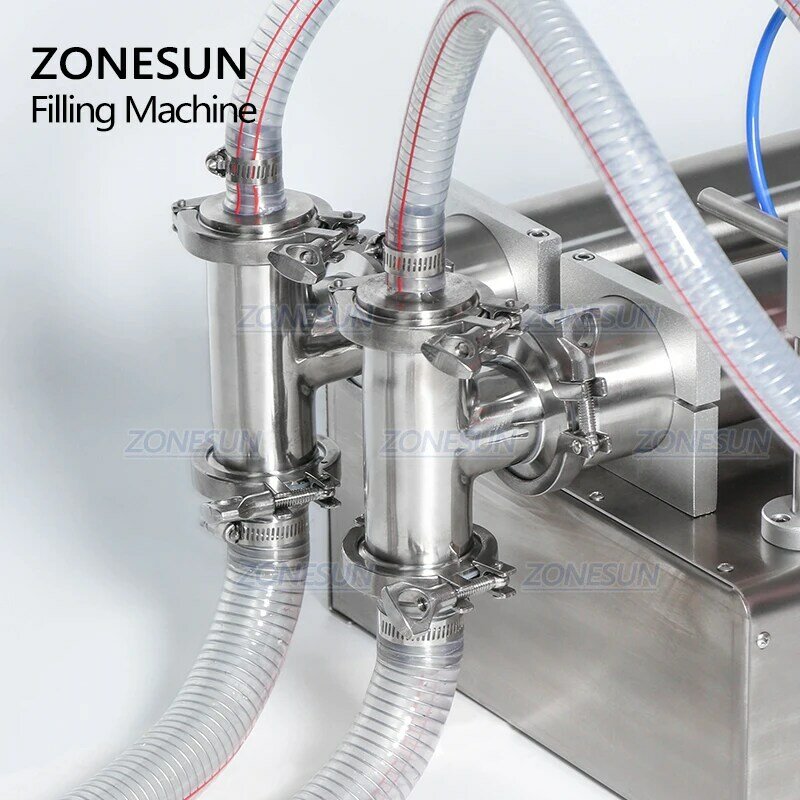 Zonesun-상업용 완전 공압 피스톤 더블 헤드 액체 충전 기계, 우유 음료 식용유 알코올