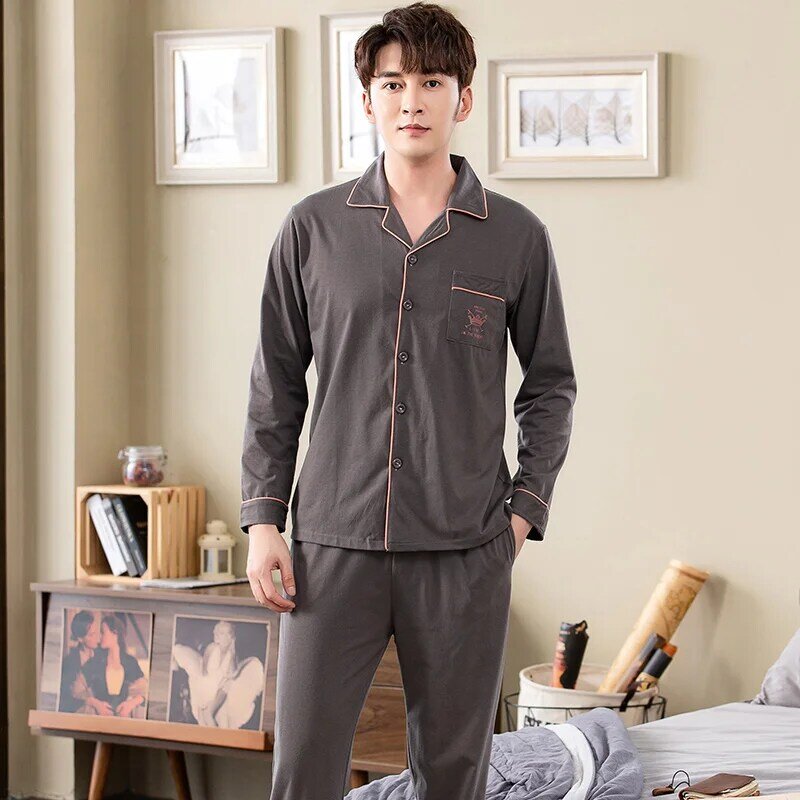 Conjunto de pijama de algodão completo outono manga comprida de cor sólida masculino pijamas primavera gola pijamas masculino xxxxl