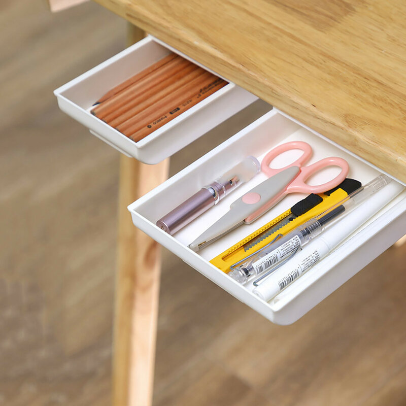 Self Stick Pencil Tray Desk Table Storage Drawer Organizer Box Under Desk Stand Hidden Organizer Storage Holder Case Desk Drawer