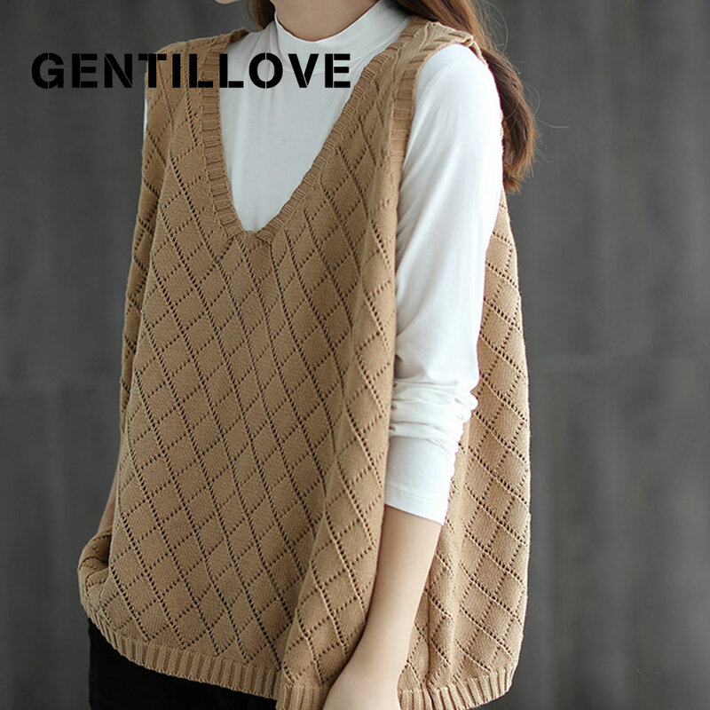 Vintage Plaid Knitted V Neck Women Vest Sweater Loose Casual Solid Sleeveless Basic Tops Oversized Pullover Female Blouse Jumper