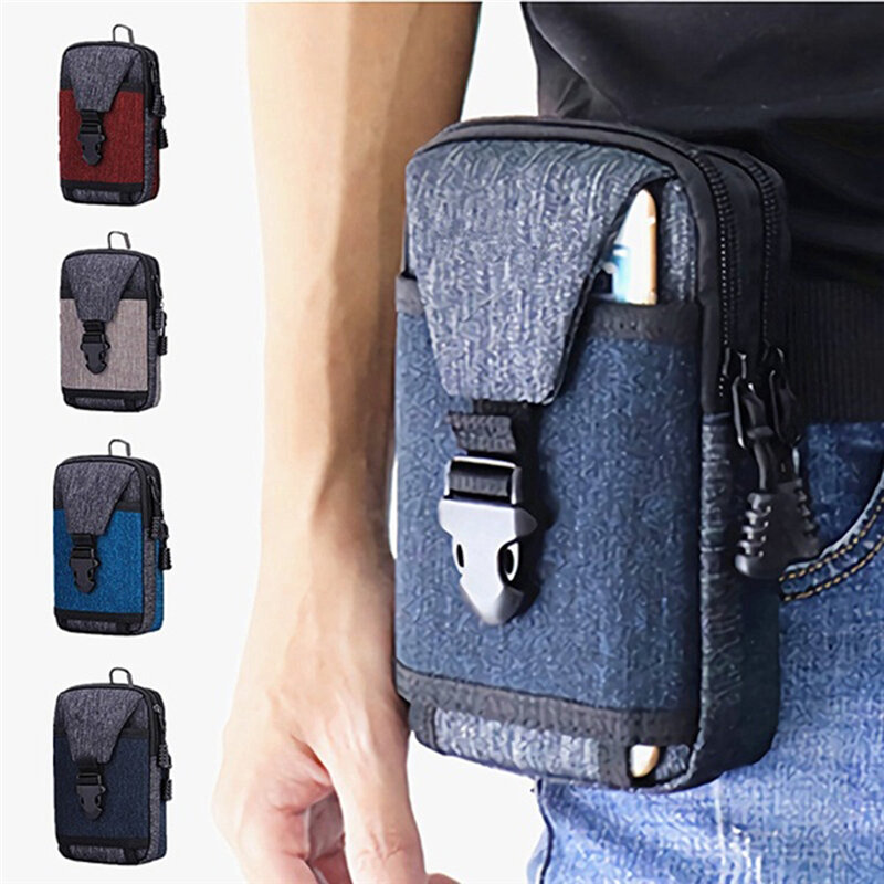 Men Phone Card Holder Casual Canvas Patchwork Travel Waterproof Zipper Waist Bag Multifunctional Men Waist Bag