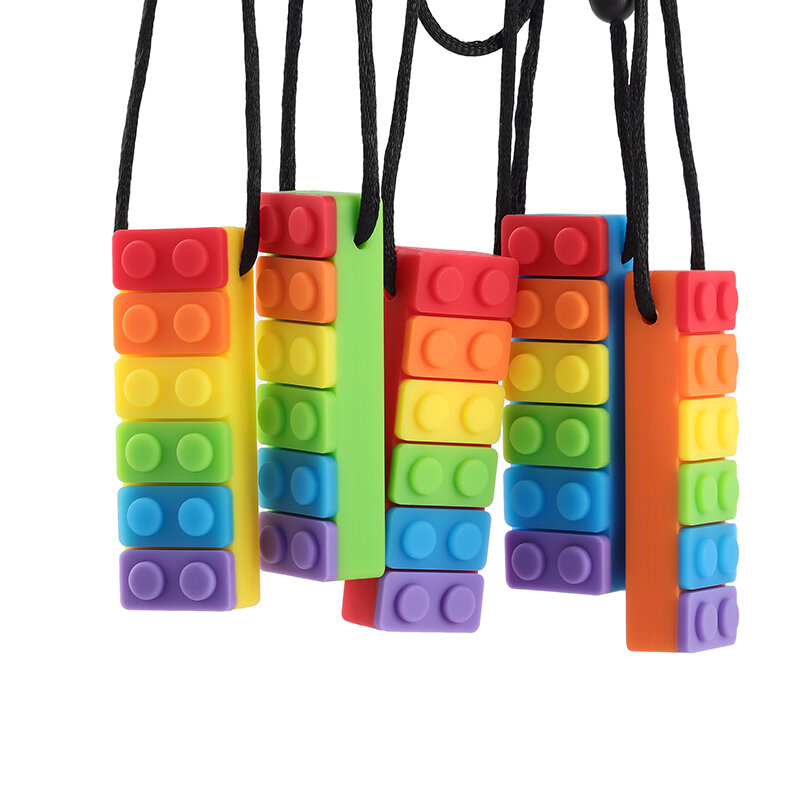 Collar de silicona con ladrillos de arcoíris para bebé, mordedor sensorial para autismo, herramientas de terapia, juguetes masticables para niños, 5 piezas