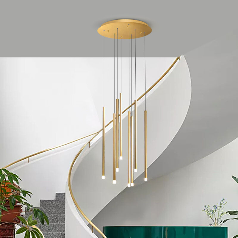 Lámpara de araña led moderna, candelabro de escalera de caracol dúplex simple, sala de estar, comedor, lámparas decorativas de oro negro