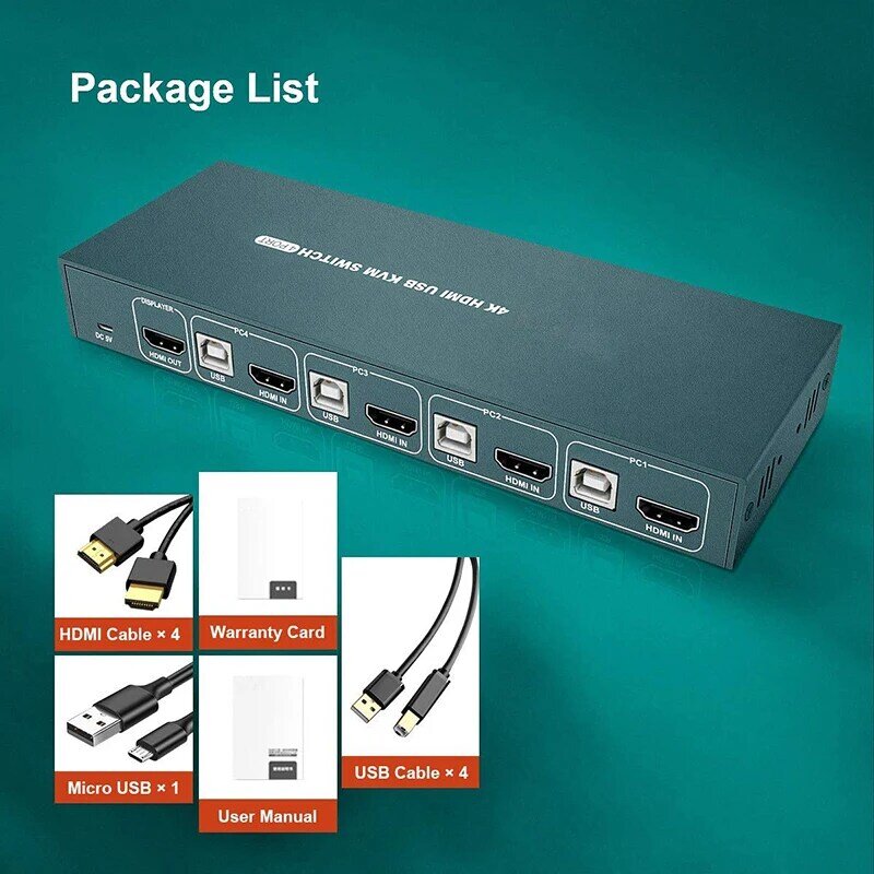 Commutateur KVM HDMI, 4 ports, 4K @ 30Hz, USB 2.0, 1 moniteur, commutateur Hotkey, avec 4 câbles HDMI et 4 câbles USB
