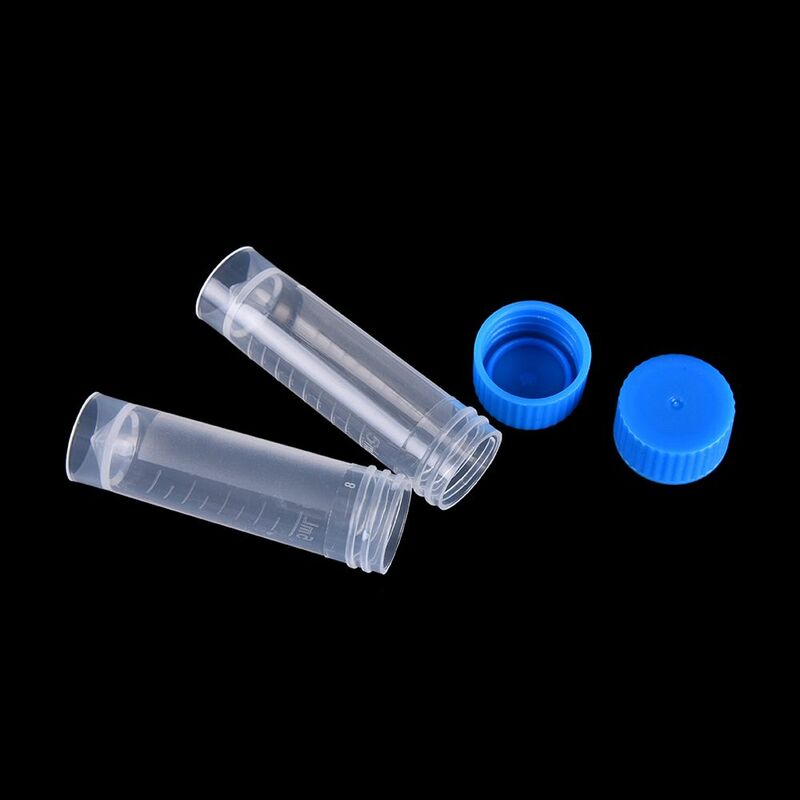 Tubos de ensaio de plástico com tampas Parafuso de amostra de laboratório Tubo de ensaio redondo com escala Centrífuga química, 5ml, 5pcs