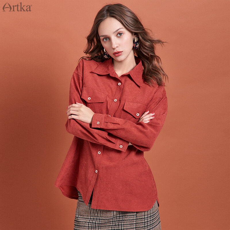 Artka 2020 primavera novas blusas femininas cor pura turn-down colarinho camisa minimalista solto casual manga comprida blusas femininas sa10394q