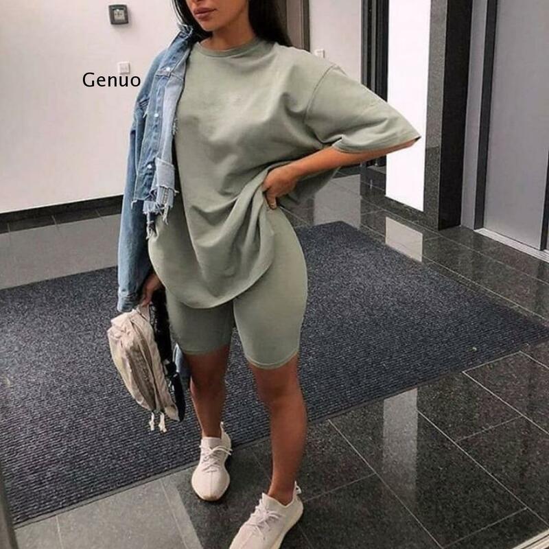 Casual Solid Outfits Women's Two Piece Suit with Belt Home Loose Sports Tracksuits Fashion Bicycle Summer Hot Suit