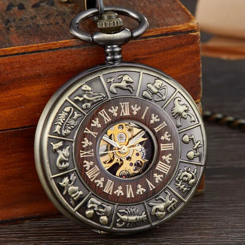 Relógio de bolso mecânico de madeira maciça para homens e mulheres, FOB, medalhão de corrente, mostrador oco, esqueleto steampunk, relógio masculino, pacote de caixa