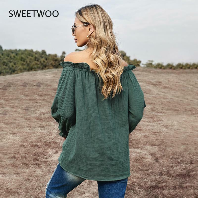 New Spring Summer Woman Tshirts Neck Strapless Solid Color Lantern Long Sleeve Loose Aesthetic Women's Sundress Clothing