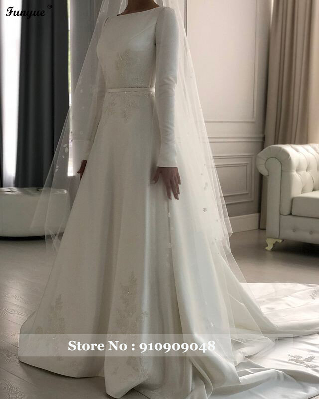 Vestido de casamento nupcial com véus para mulheres, mangas compridas, renda, cetim, linha A, simples, vestido para noiva, muçulmanos, 2024