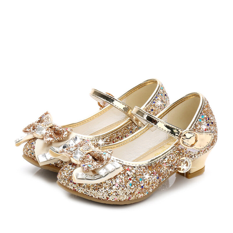 Sepatu Kulit Anak-anak Princess untuk Anak Perempuan Sepatu Anak Perempuan Hak Tinggi Glitter Kasual Bunga Simpul Kupu-kupu Biru Merah Muda Perak