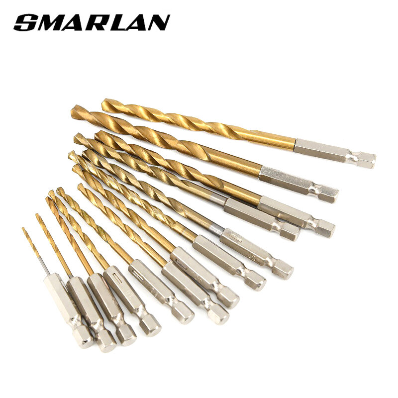 SMARLAN 13pcs HSS High Speed Steel Titanium Coated Drill Bit Set 1/4 Hex Shank 1.5-6.5mm Twist Drill bit Woodworking Tools Set