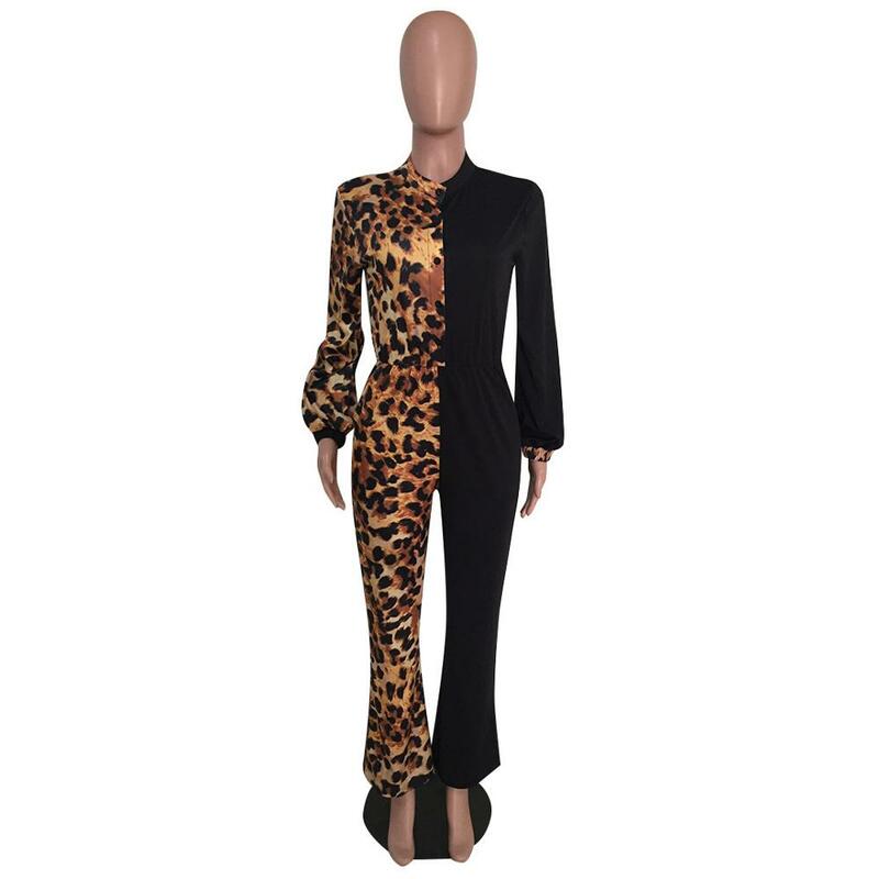 BKLD – combinaison à manches longues et col en v pour femme, vêtement de club, Patchwork, imprimé léopard, Sexy, ample, à la mode