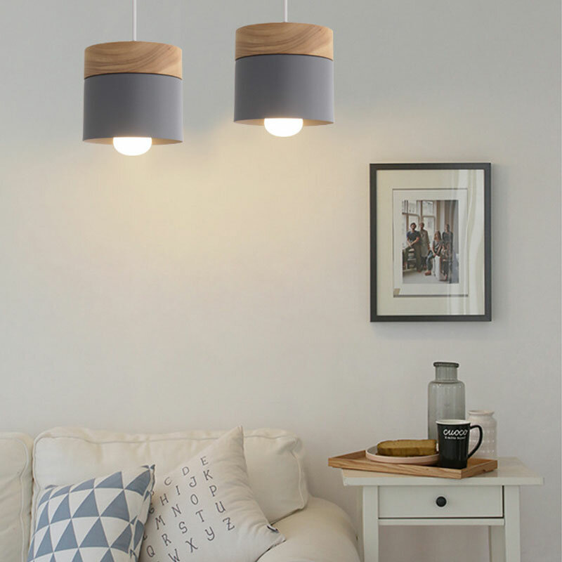 Lampe LED E27 suspendue, design type simplicité nordique, moderne,luminaire décoratif d'intérieur macaron, suspension en fer et en bois