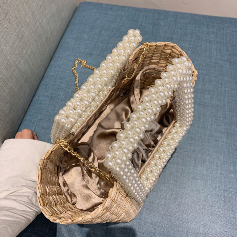 Женская соломенная сумка с жемчугом, плетеная сумка на плечо, для отдыха на море, дизайнерская сумка от известного бренда, 2024