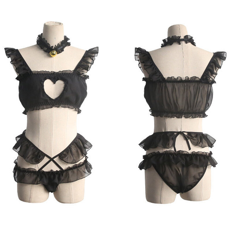 Conjunto de lencería Sexy con corazón calado para mujer, camisolas transparentes de Anime, ropa interior de Lolita, Tops y anillo con cinturón para el cuello