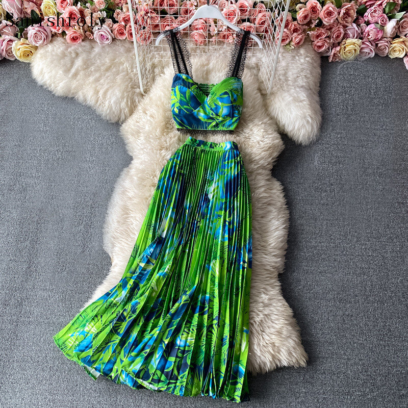 2ชิ้นชุด2021 Seaside Holiday ผู้หญิงพิมพ์ลายดอกไม้ V-Neck Lace Patchwork Camis ขนาดใหญ่ Hem ยาวจีบกระโปรงชุด C137